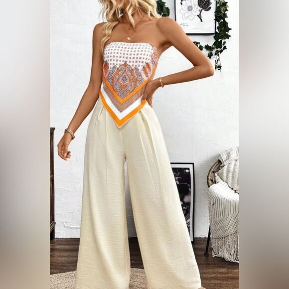 Orange and white paisley boho print bandeau cami top size large - Picture 3 of 9